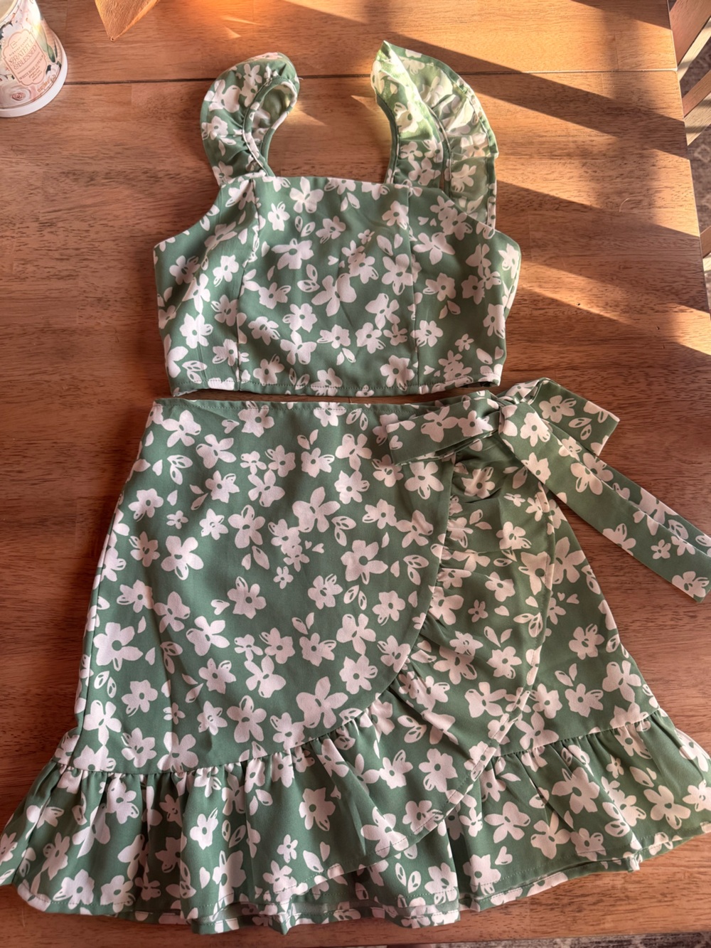 Pink Lily XS Green Floral 2 Pc Skirt Set Tie Strap Crop Top Cottagecore